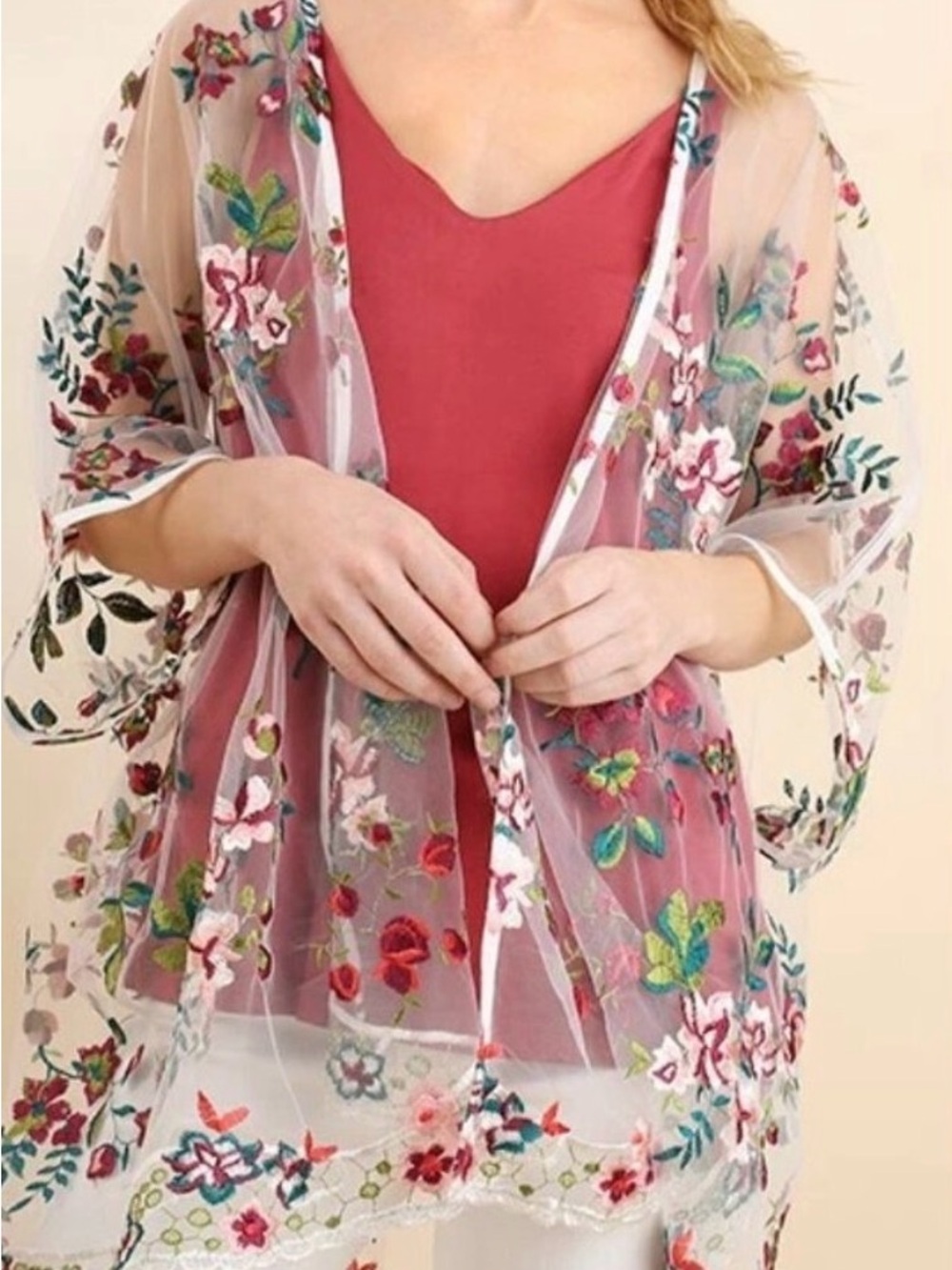 Umgee Rose Pink Floral Embroidered Sheer Kimono